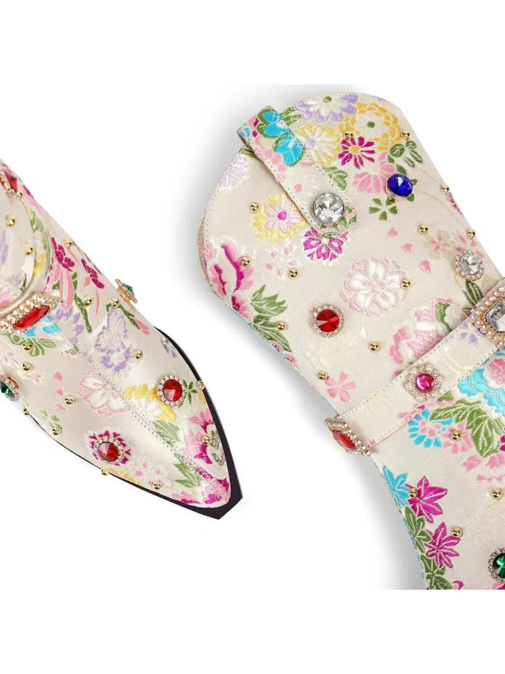 Women's White Western Floral Embroidery Rhinestone Sparkly Cowgirl Mid Calf Boot